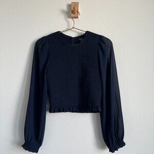 Quince Chiffon Cropped Smocked Long Sleeve Blouse Navy Blue XS